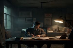 蜜桃电影悬疑影片场景，侦探在昏暗办公室中翻阅案件卷宗，冷色调营造紧张氛围